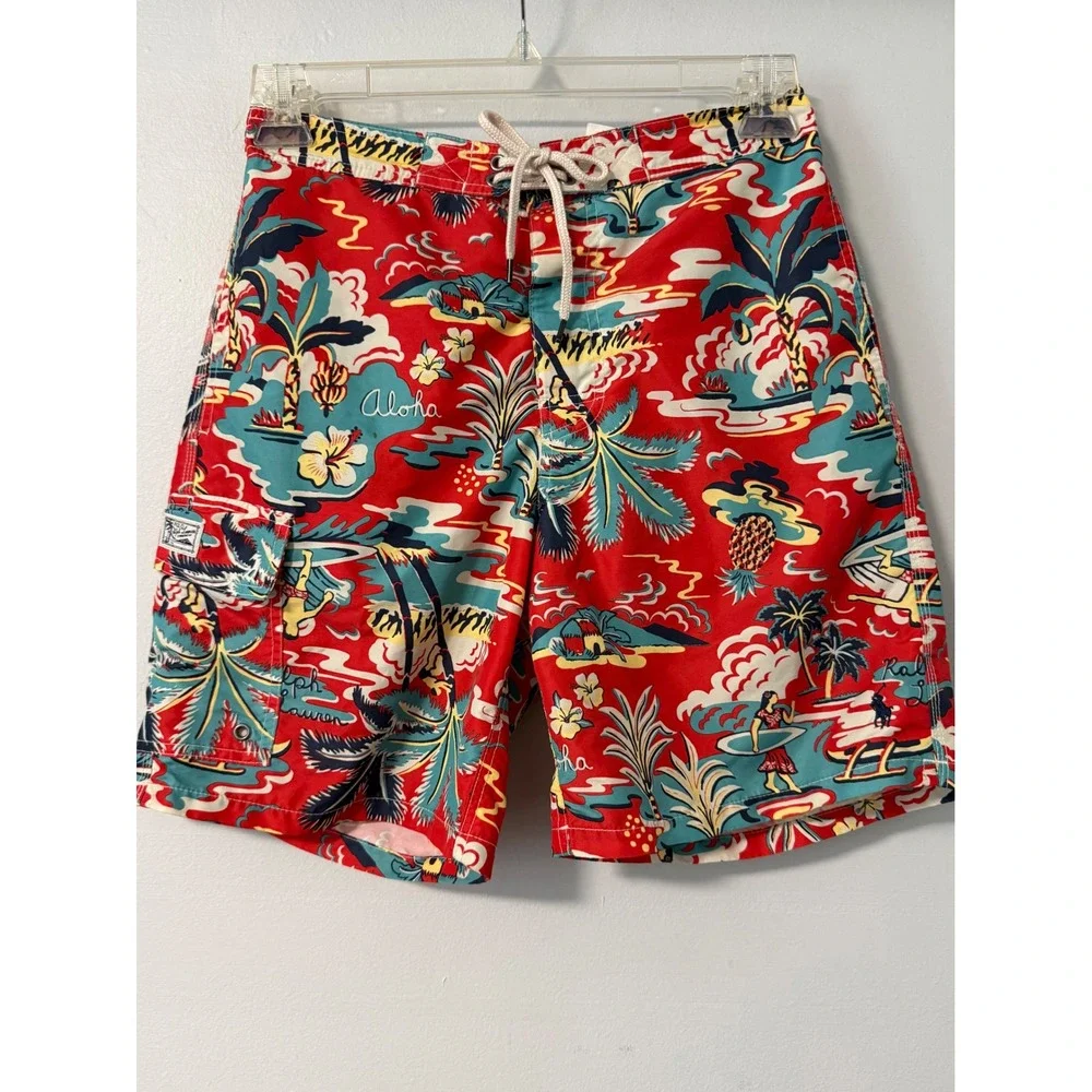Polo Ralph Lauren Mens Red Hawaiian‎ Aloha Print Swim Trunks Cargo Pocket Small
